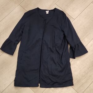 Chico's Trench Coat with Ruffle Sleeves Navy Blue Open Front Womens Sz 3 / 16-18